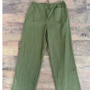 Vintage Y2K J.Crew Olive Green Crinkle Cotton Wide Leg Pants Size L